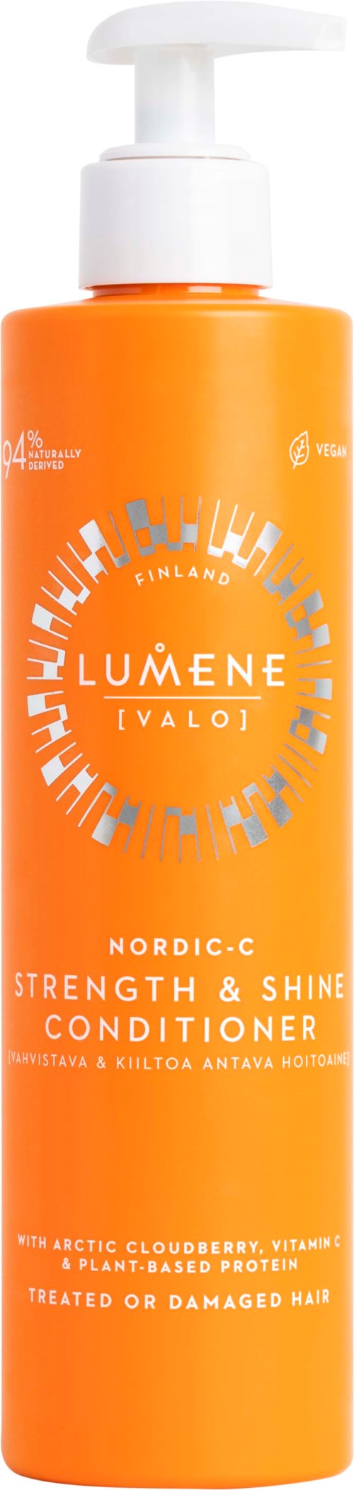 Oranje fles met pomp, gelabeld Lumene Nordic-C Strength & Shine Conditioner voor beschadigd haar.