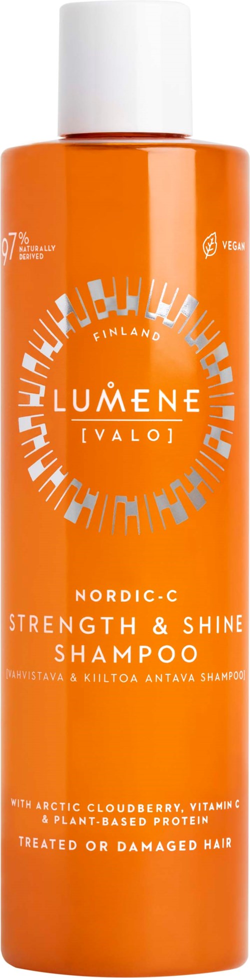 Een lange, oranje fles Lumene Nordic-C Strength & Shine Shampoo met een witte dop.