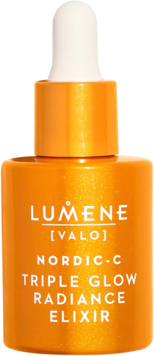 Een oranje fles met een witte druppel, label Lumene Valo Nordic-C Triple Glow Radiance Elixir.