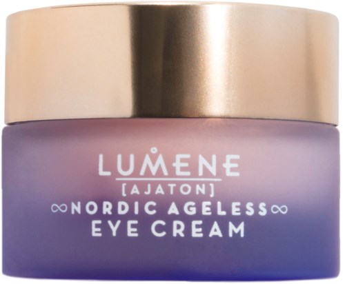 Ein Glas Lumene Jatón Nordic Ageless Eye Cream in Lila mit goldener Abdeckung.