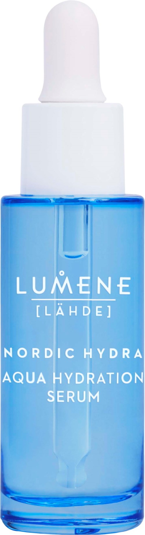 Blauwe serumfles met pipetdop, gelabeld Lumene Nordic Hydra Aqua Hydration Serum.