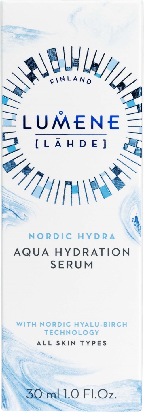 Een witte en blauwe huidverzorgingsproductdoos met een ronde piano toets ontwerp en tekst over hydratatieserum.