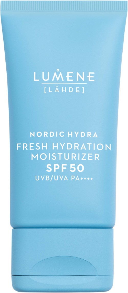 Blauwe tube van Lumene Nordic Hydra moisturizer met SPF 50 voor hydratatie en zonbescherming.