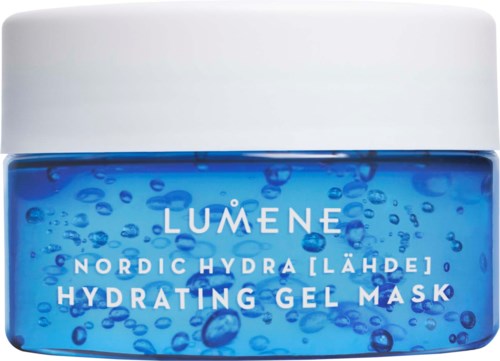 Een klein potje gevuld met blauwe gel en bubbles, gemarkeerd "LUMENE" en "Hydrating Gel Mask."