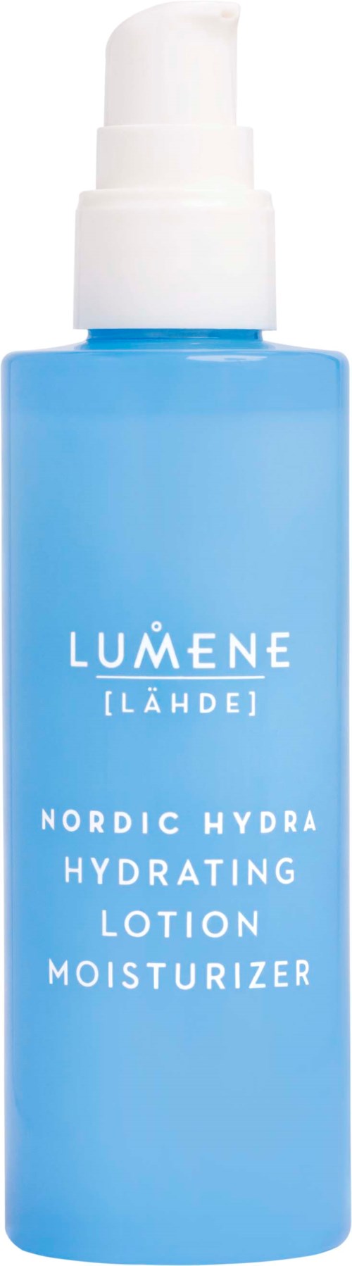 Een blauwe fles met pomp, gemarkeerd Lumene Nordic Hydra Hydrating Lotion Moisturizer.