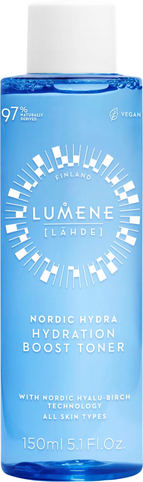 Blauwe fles van Lumene Nordic Hydra met witte tekst en logo.