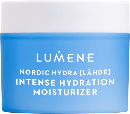 Blauwe en witte pot met LUMENE-logo en productnaam voor intensieve hydratatie moisturizer.