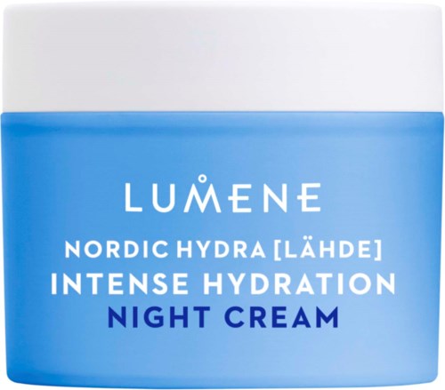 Een blauwe en witte pot met Lumene Nordic Hydra, Intensive Hydration Night Cream.