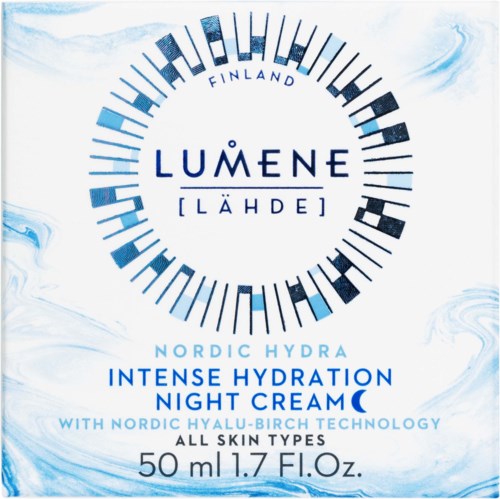 Blauwe en witte etiket voor Lumene, nachtcrème, hydratatie, technologie, alle huidtypes, 50 ml.