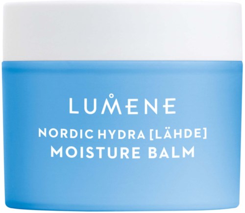 Blauwe en witte container van Lumene Nordic Hydra Moisture Balm met merk en productnaam.