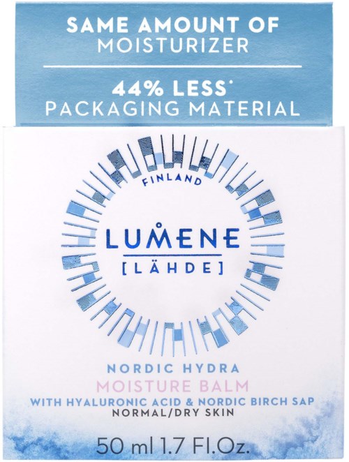 Tekst op een huidverzorgingsproductverpakking die minder verpakking, ingrediënten en hydraterende balsem voor droge huid benadrukt.