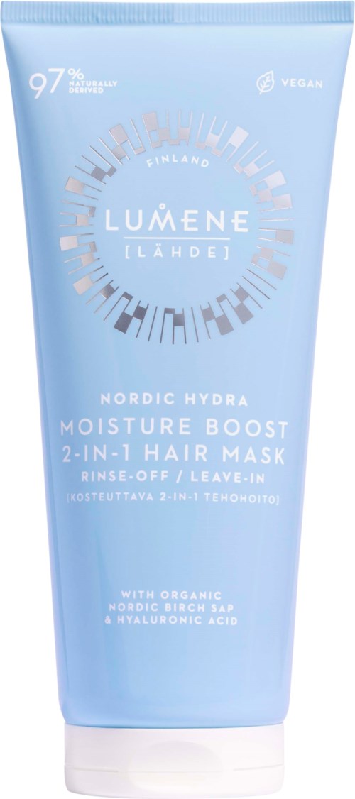 Lichtblauwe tube met witte dop, toont merk Lumene en haarverzorgingsproduct voor hydratatie en volume.