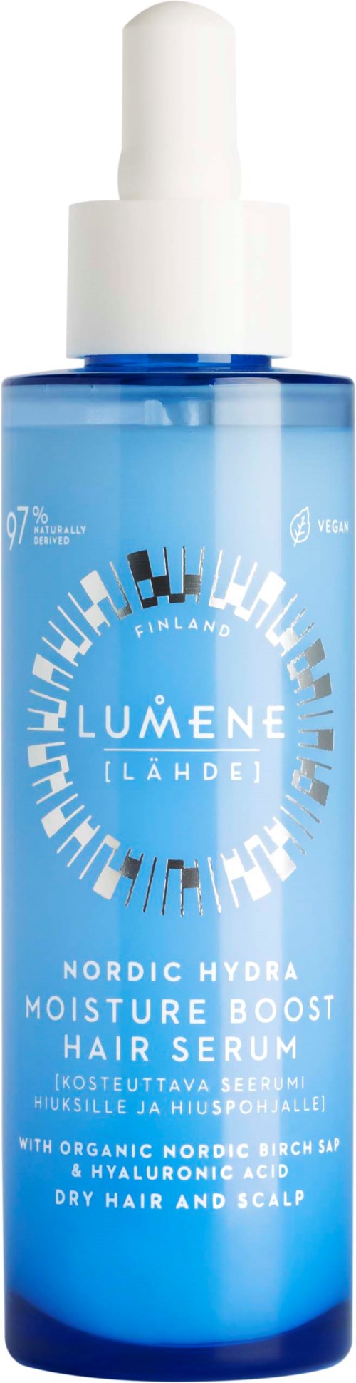 Blauwe fles met Lumene haarserum met pipet, gelabeld als Nordic Hydra Moisture Boost voor droog haar en hoofdhuid.