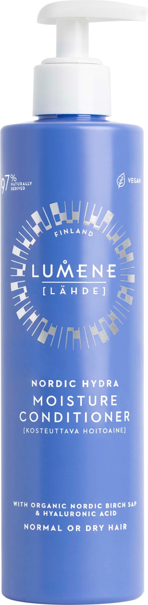 Een blauwe fles Lumene Nordic Hydra Moisture Conditioner met pomp, geschikt voor normaal of droog haar.