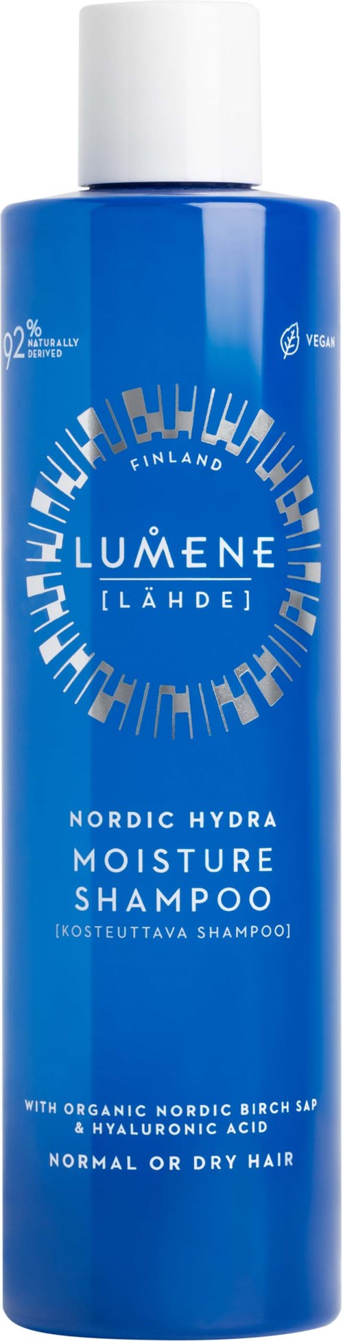 Blauwe fles Lumene Nordic Hydra Moisture Shampoo voor normaal of droog haar met biologische Noordse berkensap.