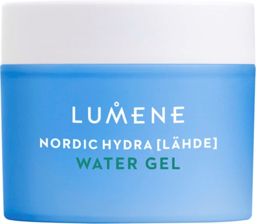 Een blauwe en witte pot met huidverzorgingsproduct genaamd Lumene Nordic Hydra Water Gel.