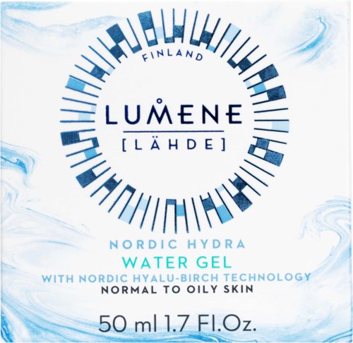 Rond blauw-wit ontwerp met tekst over watergel voor vette huid, gemaakt in Finland, 50 ml.