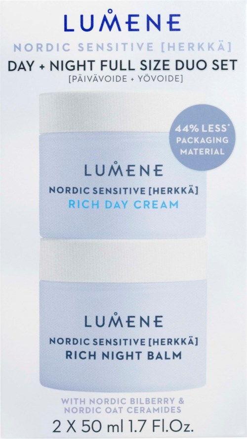 LUMENE biedt een volledige set met dagcrème en nachtbalsem, met minder verpakkingsmateriaal, voor gevoelige huid.