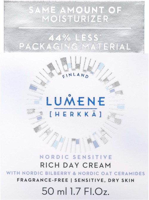 Een huidverzorgingsproduct genaamd Lumene Herkka, Noordse gevoelige rijke dagcrème, in 50ml verpakking, geurvrij, vochtinbrengend, gevoelige huid.