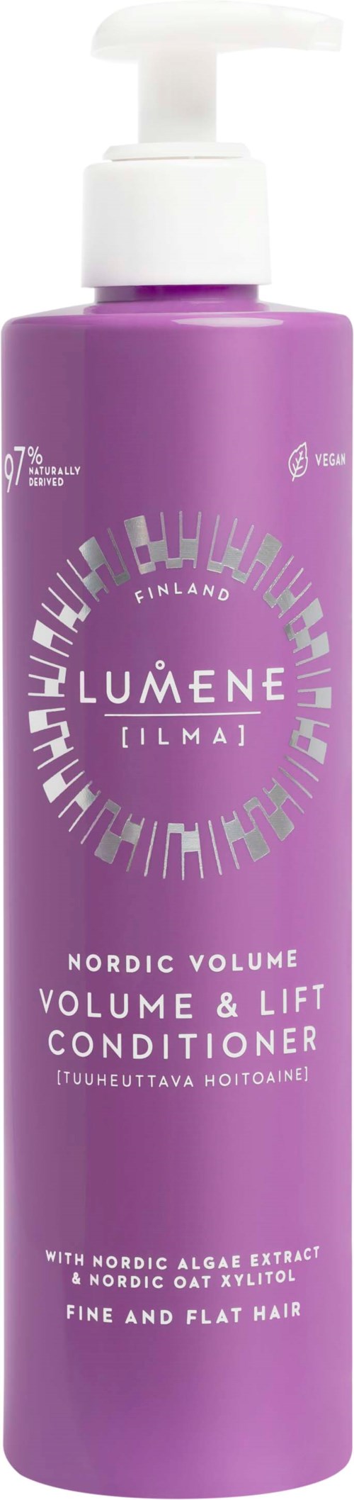 Een paarse fles met een pomp, gelabeld als Lumene Nordic Volume Conditioner voor fijn en plat haar.