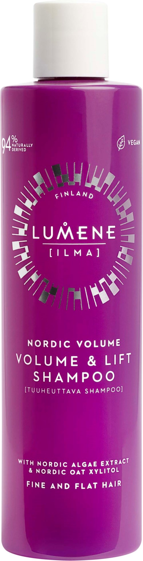 Paars flesje met witte dop, gemarkeerd Lumene Nordic Volume, ontworpen voor volume en haarlifting.