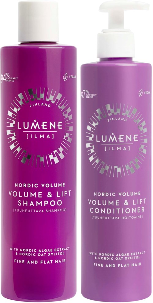 Paars shampoo- en conditionerflessen voor volume en lift, met Noors alge-extract, voor fijn, plat haar.