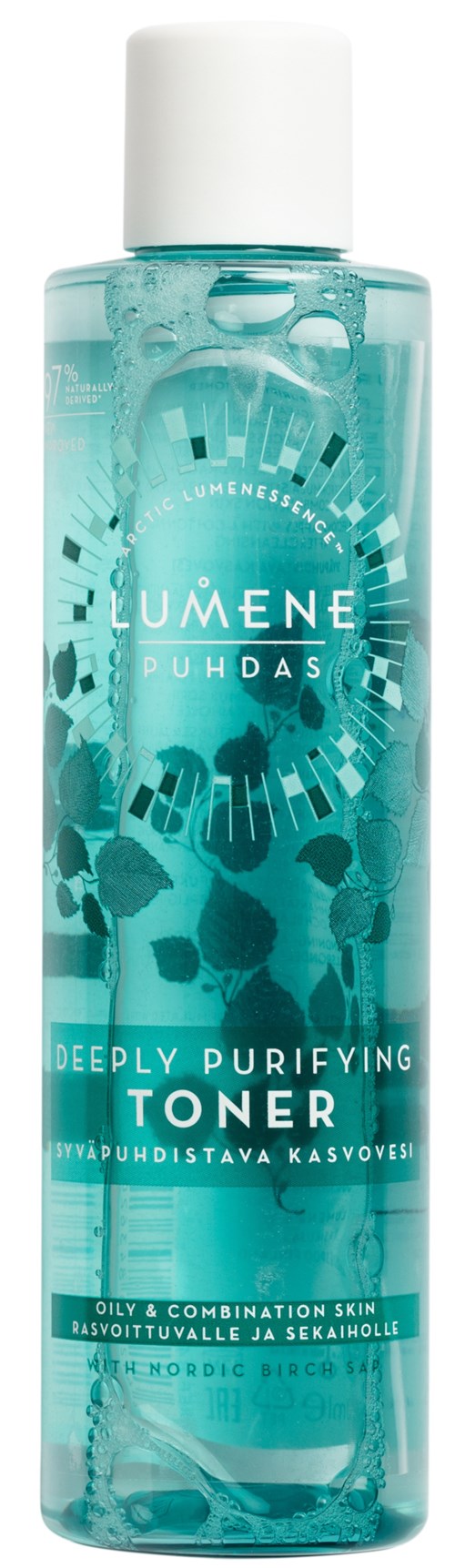 Een lange, doorzichtige fles met blauwe vloeistof en zwarte stippen, gemarkeerd 'Lumene Puhdas Deeply Purifying Toner'.