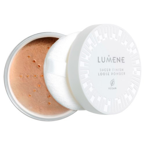 Los poeder in een ronde container met witte deksel, gelabeld "LUMËNE" en "VEGAN."