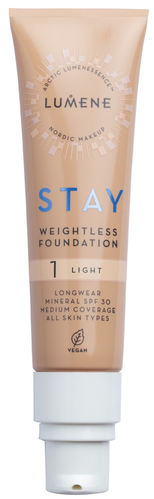 A beige tube of Lumene Stay foundation with a white cap, labeled as lightweight, vegan, with SPF 30 for all skin types.