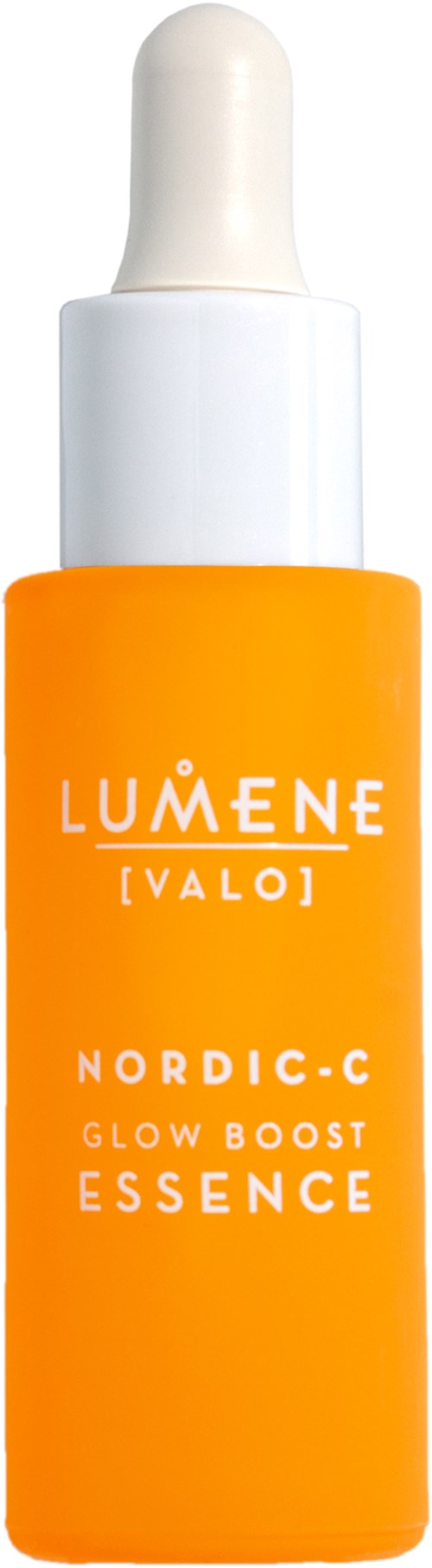 En ljusorange flaska med en vit pipettlock, används för hudvårdsserum. Texten säger Lumene Nordic-C Glow Boost Essence.