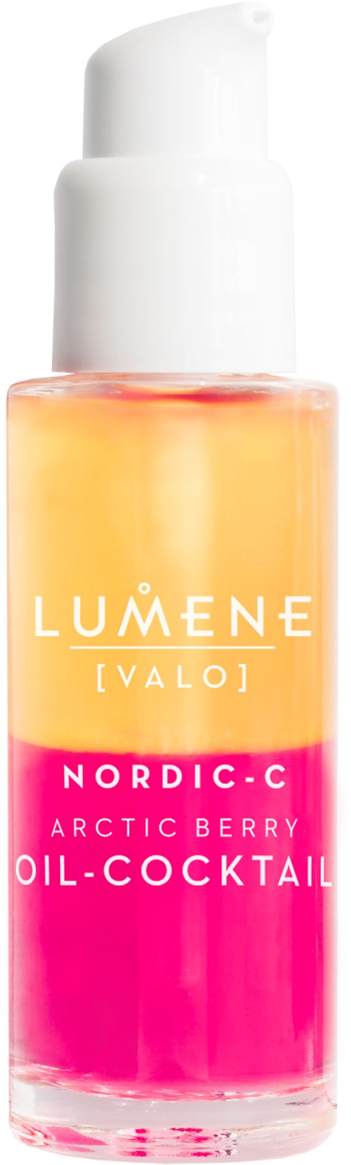 Een huidverzorgingsfles met een pomp, bevat een roze en oranje vloeistof, gelabeld als Lumene Arctic Berry Oil-Cocktail.