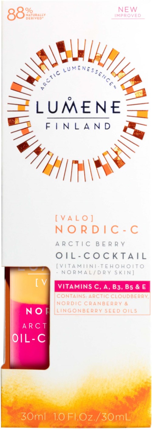 Een huidverzorgingsverpakkingsdoos met Arctic Berry olie-cocktail, vitamines en een logo met ronde patronen van Lumene Finland.