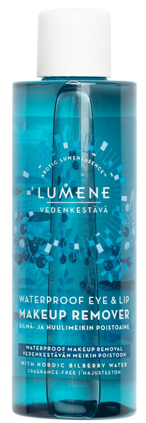 A blue transparent bottle with white cap, labeled as waterproof eye and lip makeup remover, with Nordic Bilberry Water.