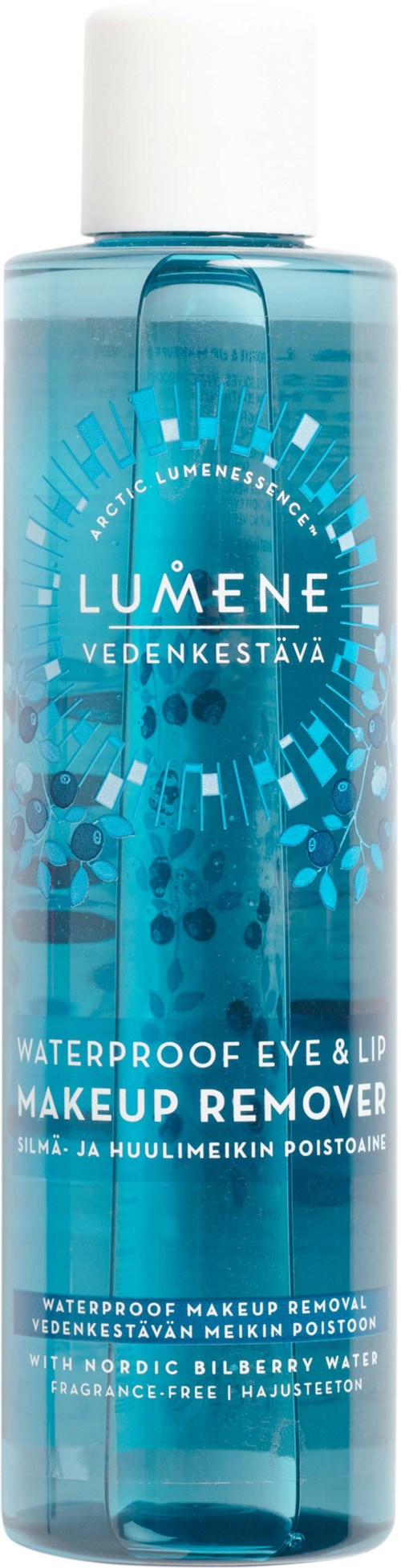 A blue, transparent bottle with white cap containing waterproof eye and lip makeup remover. Text explains product details.