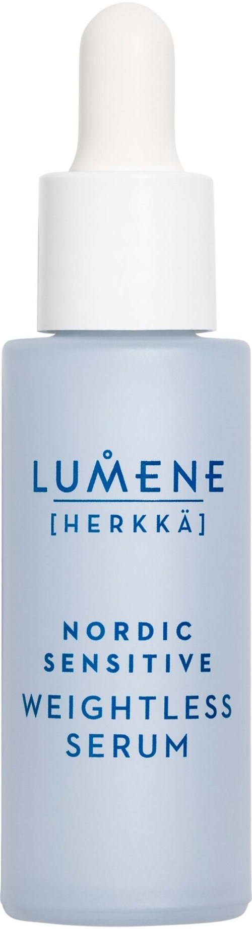 Een blauwe fles met pipet bevat Lumene Nordic Sensitive Weightless Serum.