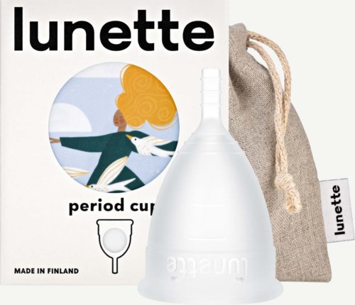 Menstruationstasse, Beutel und Verpackung mit dem Markennamen "lunette" und einer Illustration einer Frau mit Vögeln.