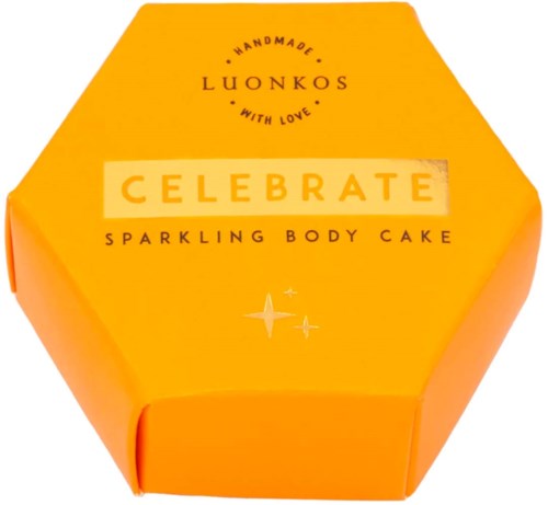 Oranges Kästchen mit dem Wort "Celebrate" und der Beschreibung "sparkling body cake" in schwarzem Text. Es hat ein Sternendesign.