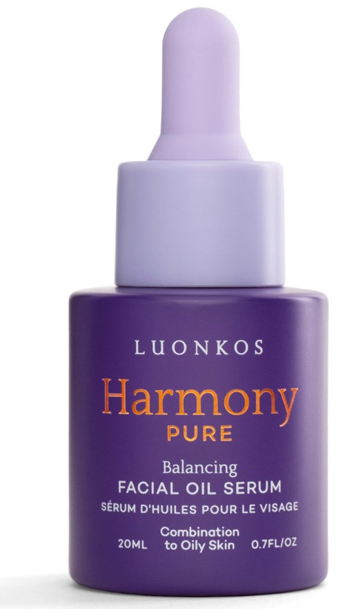Eine lila Flasche mit Luonkos Harmony Pure Gesichtsölserum mit Pipettenkopf.