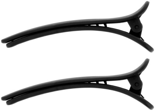 Two black hair clips with curved shapes and small holes, aligned horizontally. Reflective surface in the background.