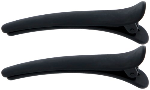 Two black hair clips with curved shapes and snapping mechanisms. They are parallel with a simple design.