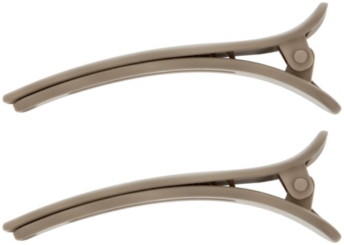 Twee beige plastic haarspelden met gebogen vormen en kleine scharnieren.