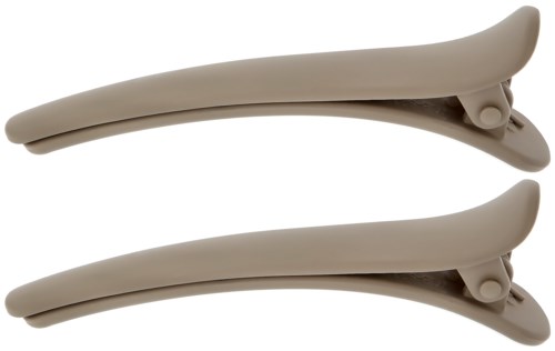 Twee beige haarspelden met gebogen vormen en kleine rollers nabij de open uiteinden.