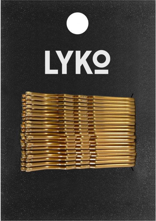A set of gold-colored bobby pins attached to a black card with the brand name LYKO at top.