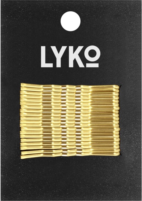 A black tag with a hole at top, white text "LYKO", and attached gold-colored hair clips stacked in rows.