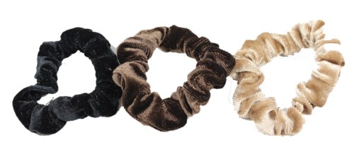 Three plush scrunchies in black, brown, and beige colors. They are round and have a soft, ruffled appearance.