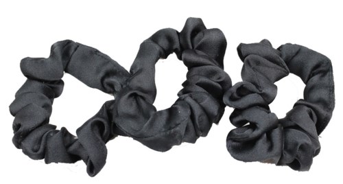 Three black fabric hair ties arranged in a row on a white background.