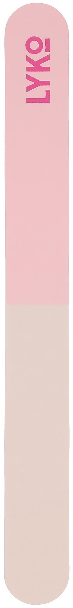 Een verticale pH-teststrap met een roze bovenkant en een witte onderkant, gemerkt met 'LYXO' aan de bovenkant.