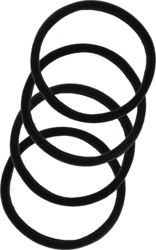 Five black rubber bands stacked on top of each other in a spiral pattern.