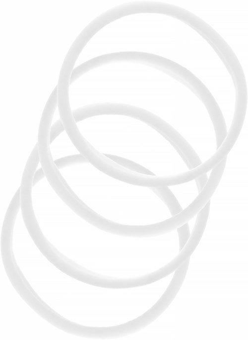 Four white rubber bands stacked or intertwined, transparent enough to see through.