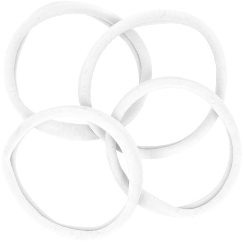 Five white rubber bands overlap each other on a plain background.